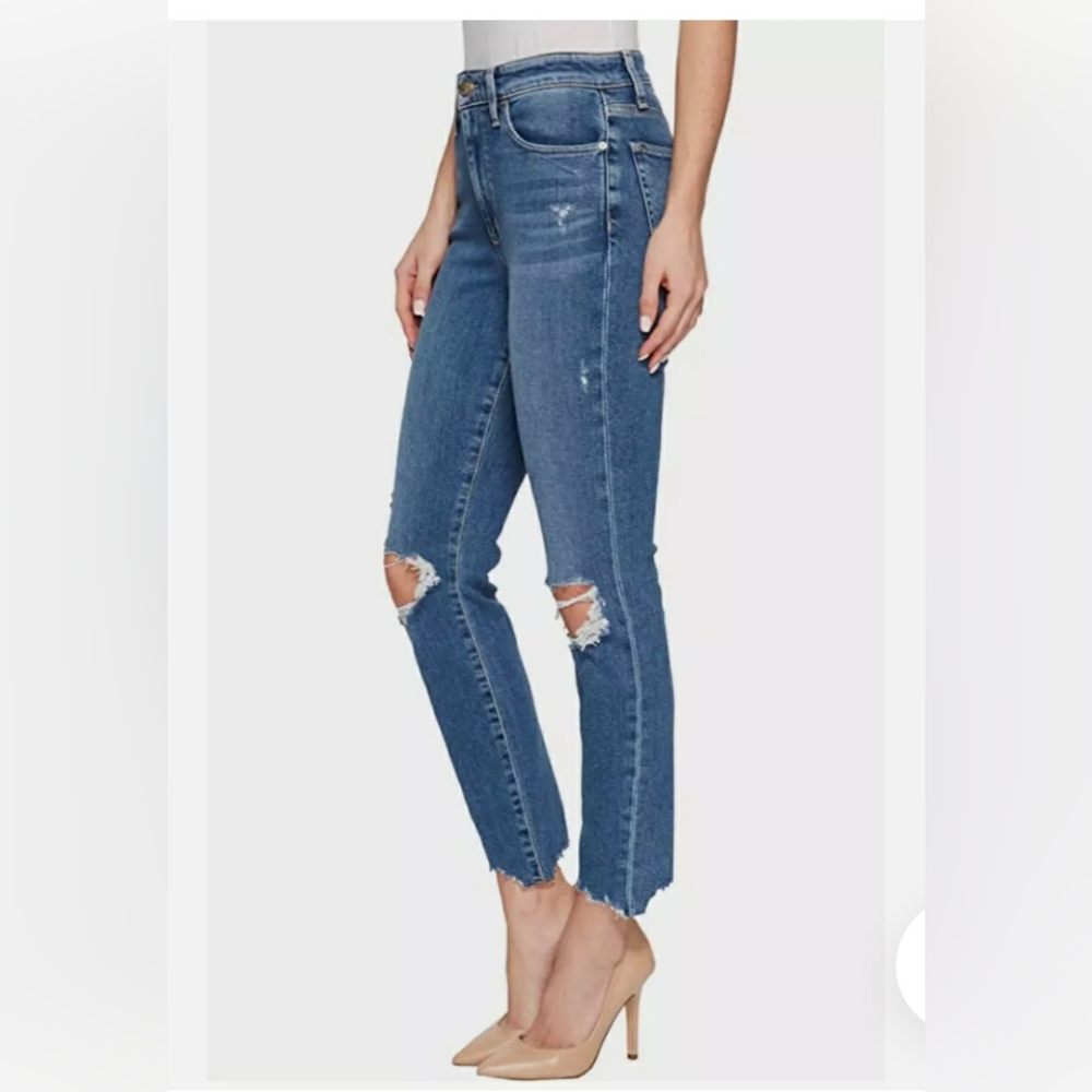 🏷JOE'S Jeans 28 Hi Rise Skinny Ankle Ripped Knee Raw Hem Distressed Medium Blue